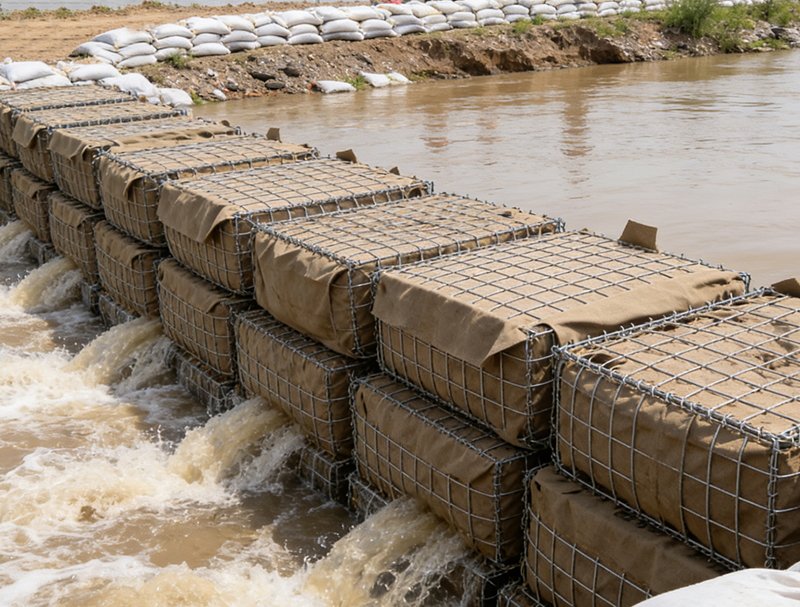 Gabion Mesh Stacked to Protect Against Flooding.